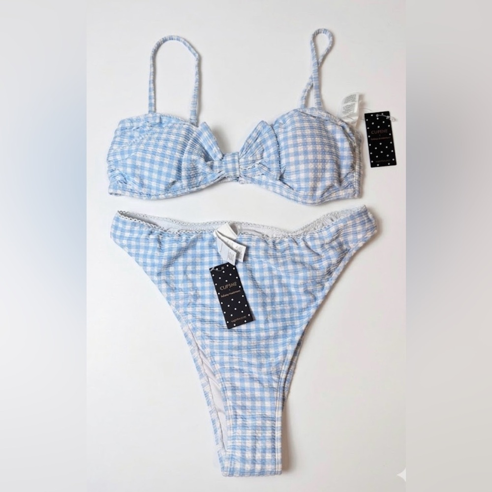 Cupshe x Kelsey Anderson Blue Gingham Bikini Set Size L NWT Textured High Cut